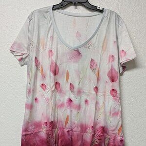 White Short Sleeves V-neck Blouse with Pink and Peach Petal Print Design